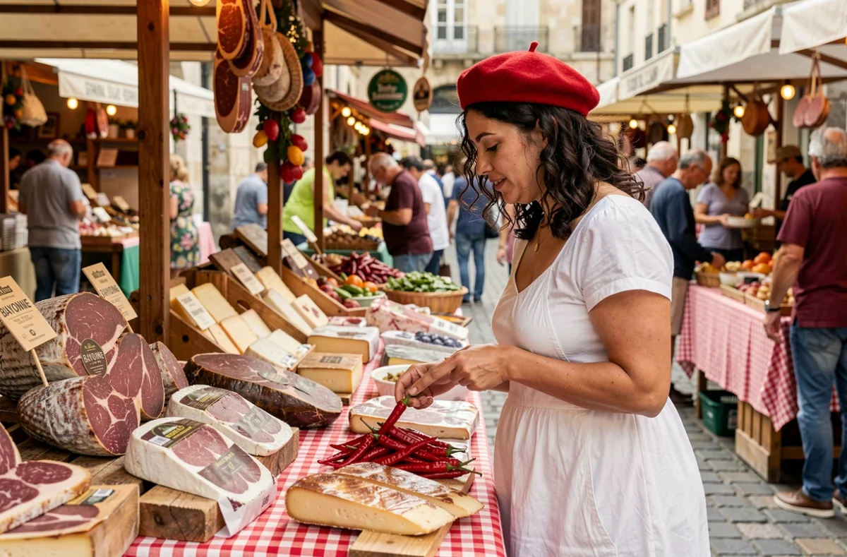 Femme en tenue basque explorant un marché de produits régionaux pendant les Fêtes de Bayonne
