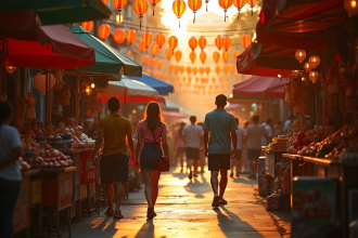 Marché thaïlandais coloré au coucher du soleil avec lanternes