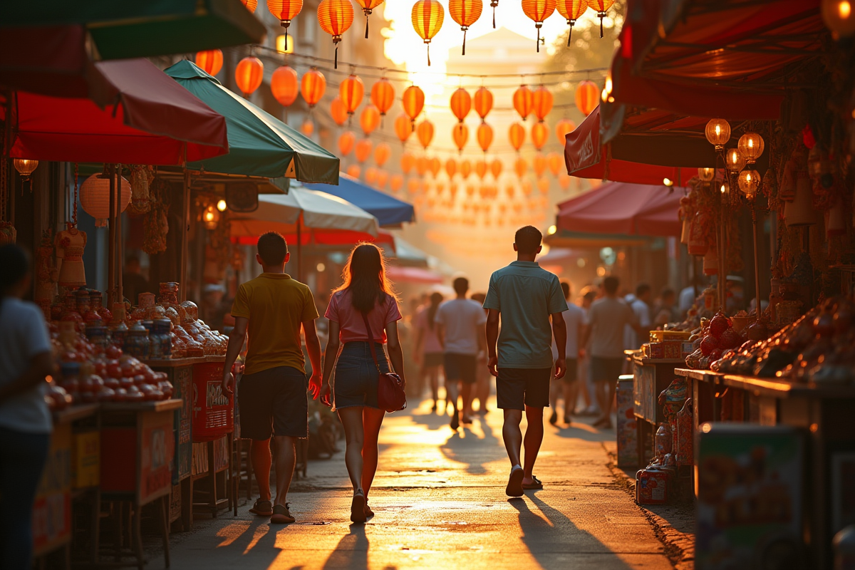 Marché thaïlandais coloré au coucher du soleil avec lanternes