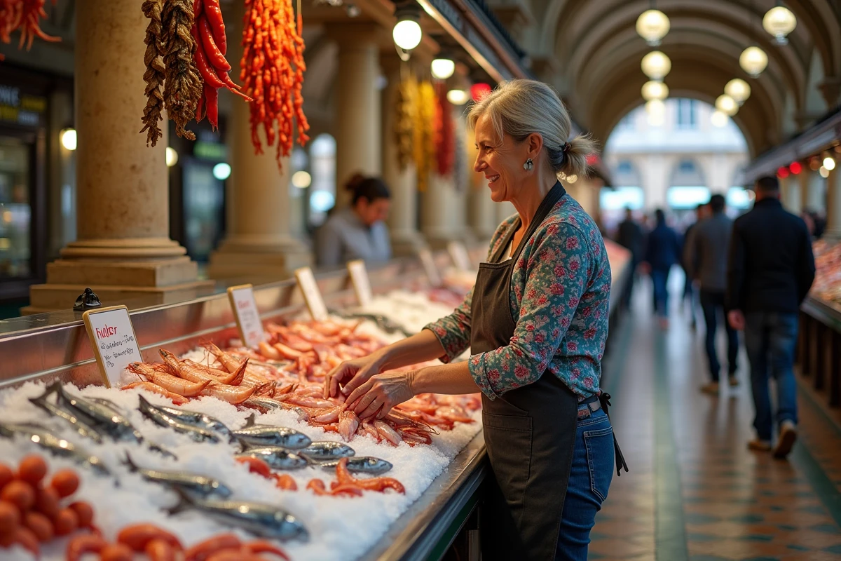 Vendeuse de poissons dans un marché traditionnel couvert du centre de Malaga entourée de produits locaux frais