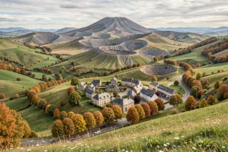 Vue panoramique du Puy-de-Dôme avec ses volcans, villages et hôtels nichés dans la nature auvergnate