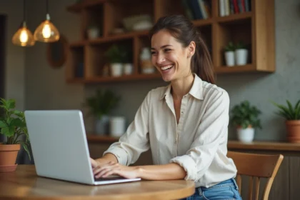 Mère de famille souriante consultant le site Iris Vacances sur son ordinateur portable dans une cuisine moderne