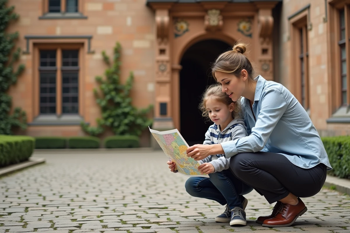 Mère et fille consultant une carte touristique devant la cour intérieure du château de Heidelberg en pierre de grès