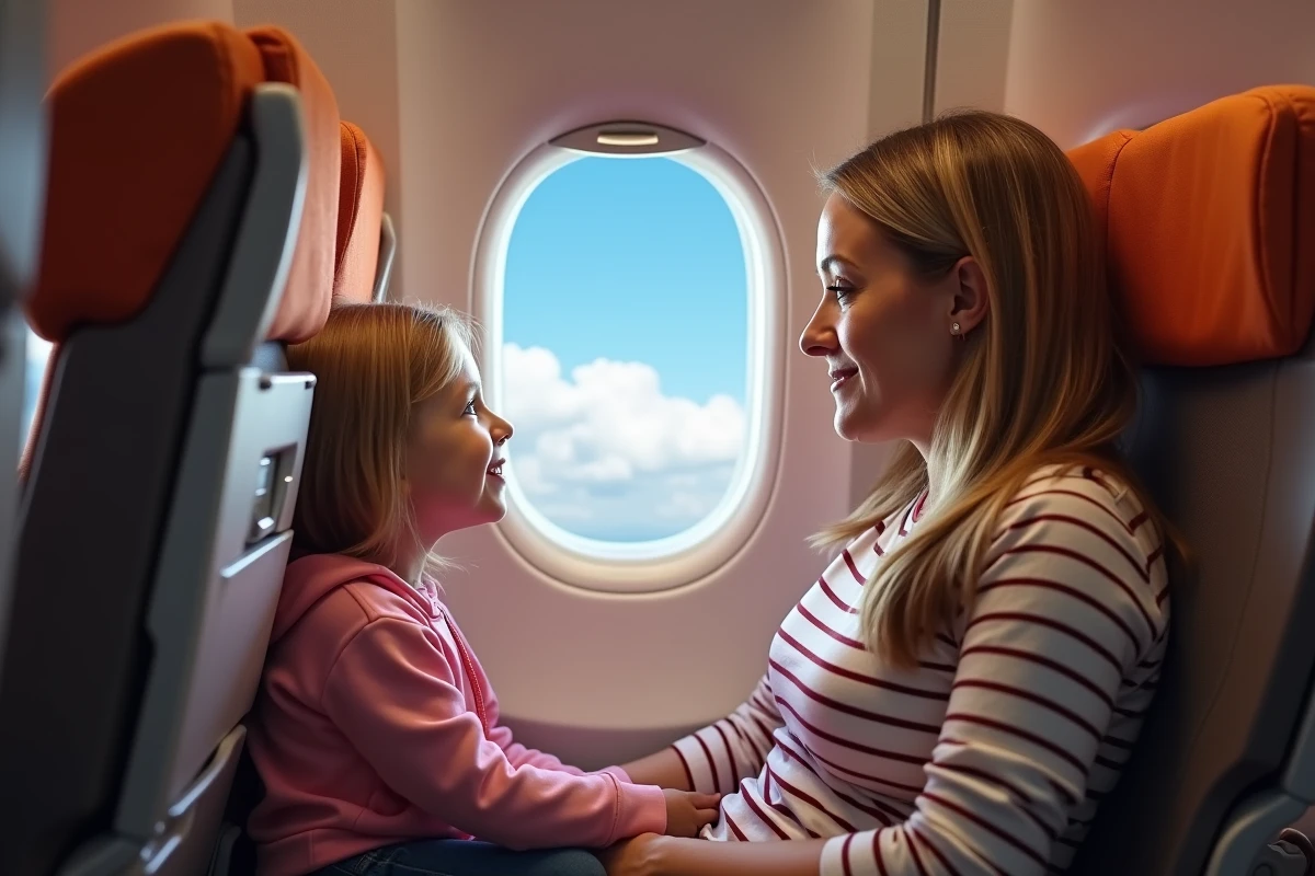 Mère et fille regardant par le hublot d'un avion Transavia pendant le vol