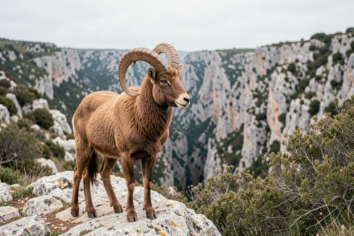 Mouflon sarde mâle aux grandes cornes sur un promontoire rocheux dominant le canyon de Gorropu