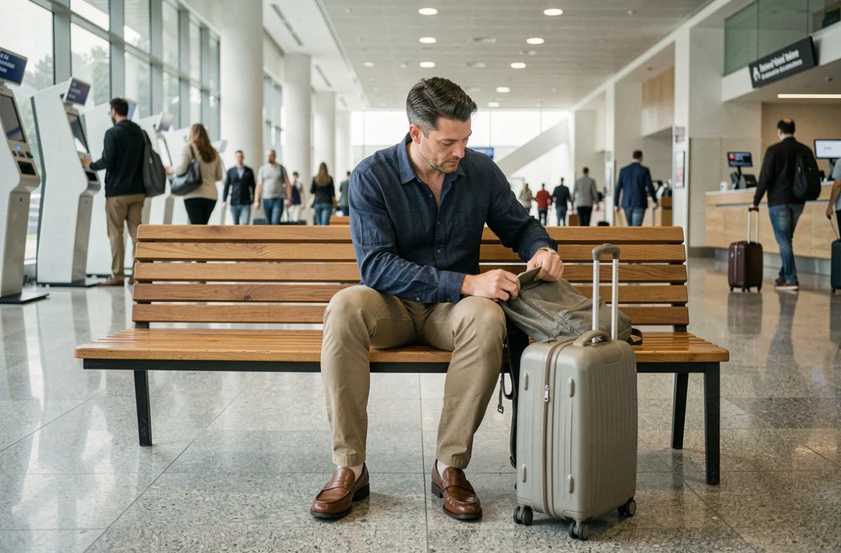 Homme organisant ses bagages avec une valise cabine et un sac à dos dans un hall d'aéroport moderne avant l'embarquement