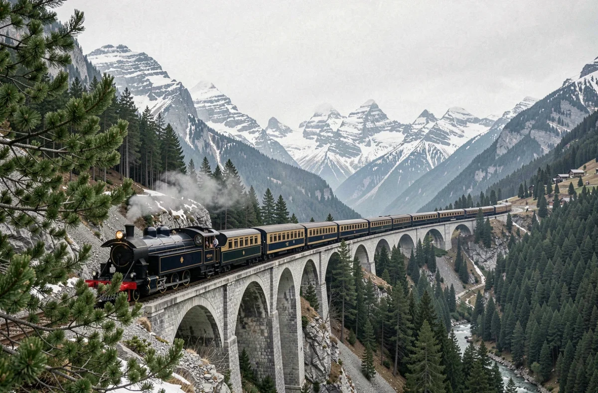 Train de l'Orient Express traversant un viaduc alpin dans les montagnes suisses en hiver