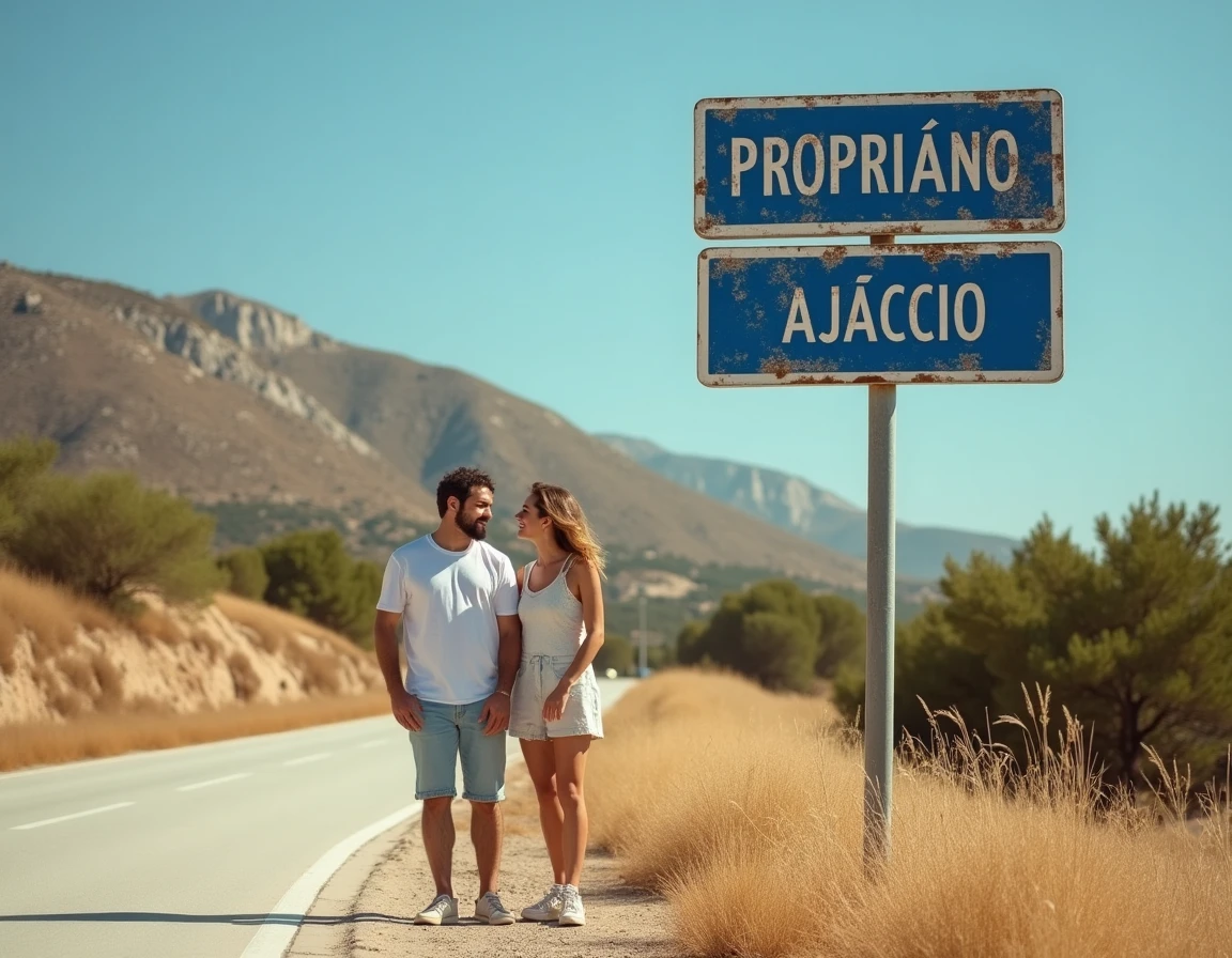 Couple de voyageurs devant un panneau routier indiquant la distance entre Propriano et Ajaccio sur une route de campagne corse