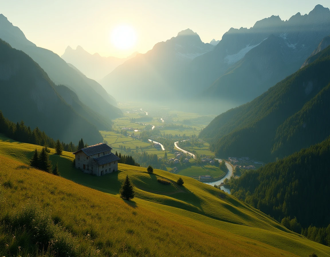 Vue panoramique aérienne de la Vallée d'Aoste avec vignobles en terrasses, prairies alpines, rivière et le massif du Gran Paradiso en arrière-plan