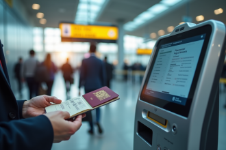 Personne scannant son passeport à un kiosque aéroport moderne