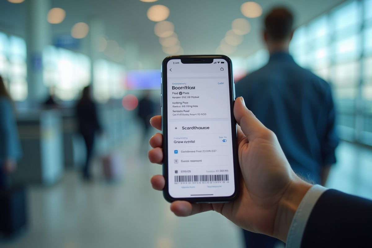 Voyageur tenant un smartphone avec carte d'embarquement numérique