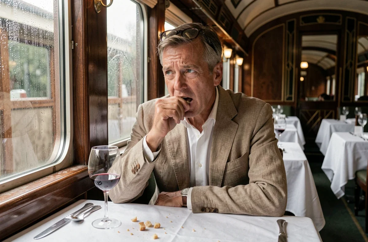 Passager solitaire déjeunant dans le wagon-restaurant Art Déco de l'Orient Express avec détails de couverts en argent et vitre mouillée de pluie