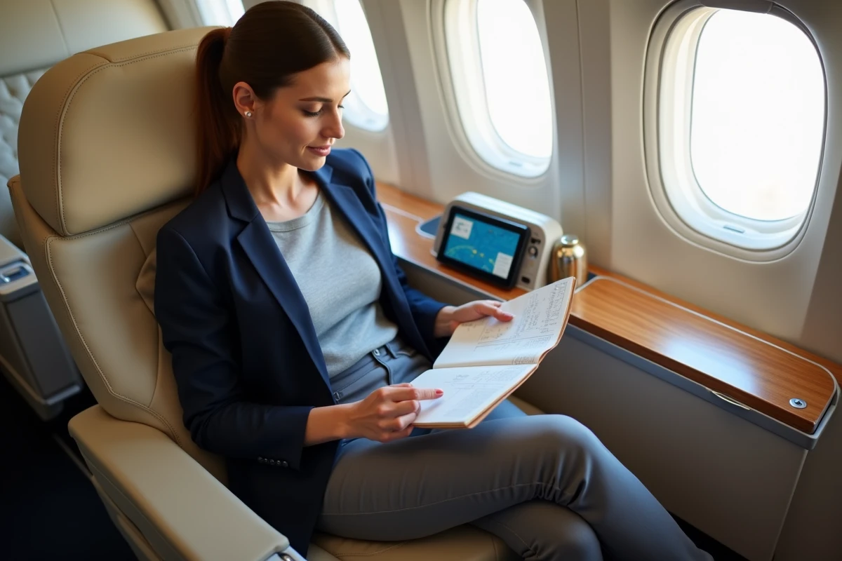 Passagère en classe affaires Etihad Airways consultant ses documents de voyage dans un siège premium