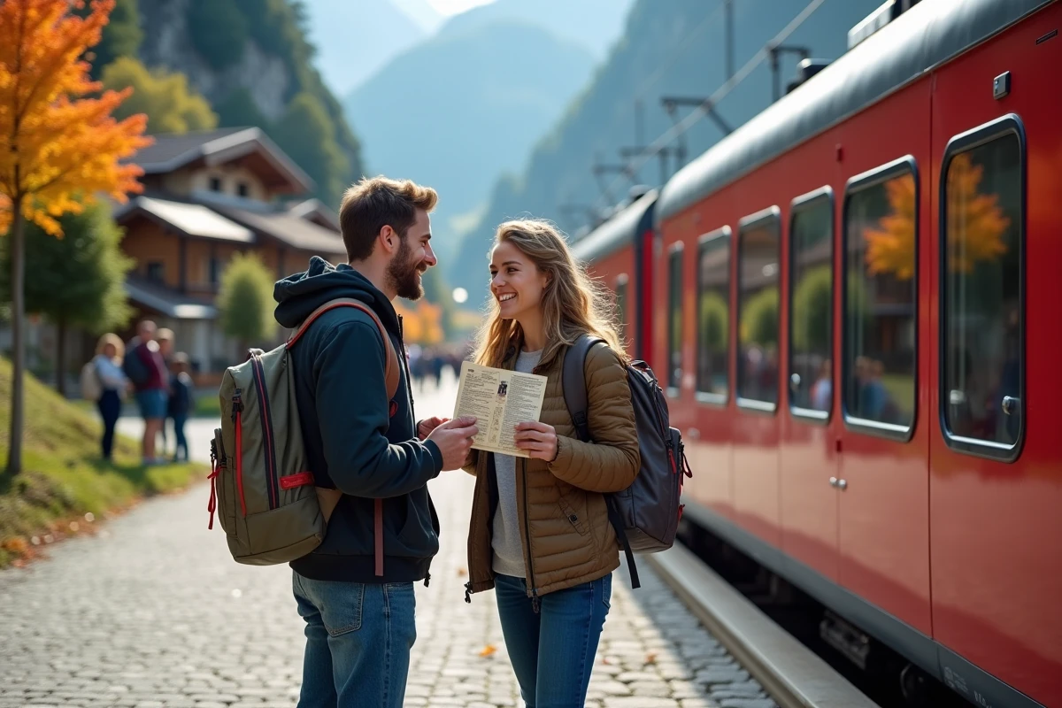 Deux voyageurs discutant sur plateforme avec train suisse en arrière-plan