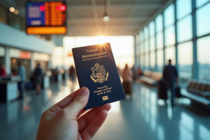 Passeport français tenu à l'aéroport avec affiches du Mexique