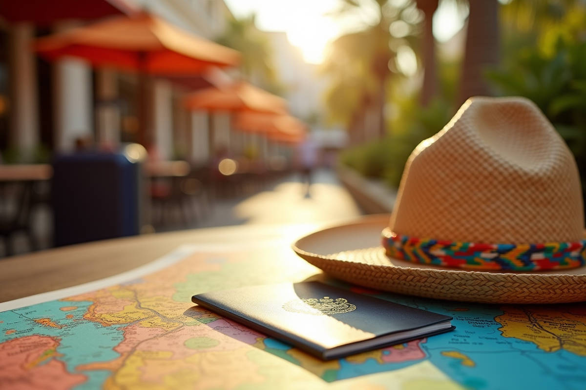 Passeport ouvert avec chapeau mexicain et carte colorée en extérieur