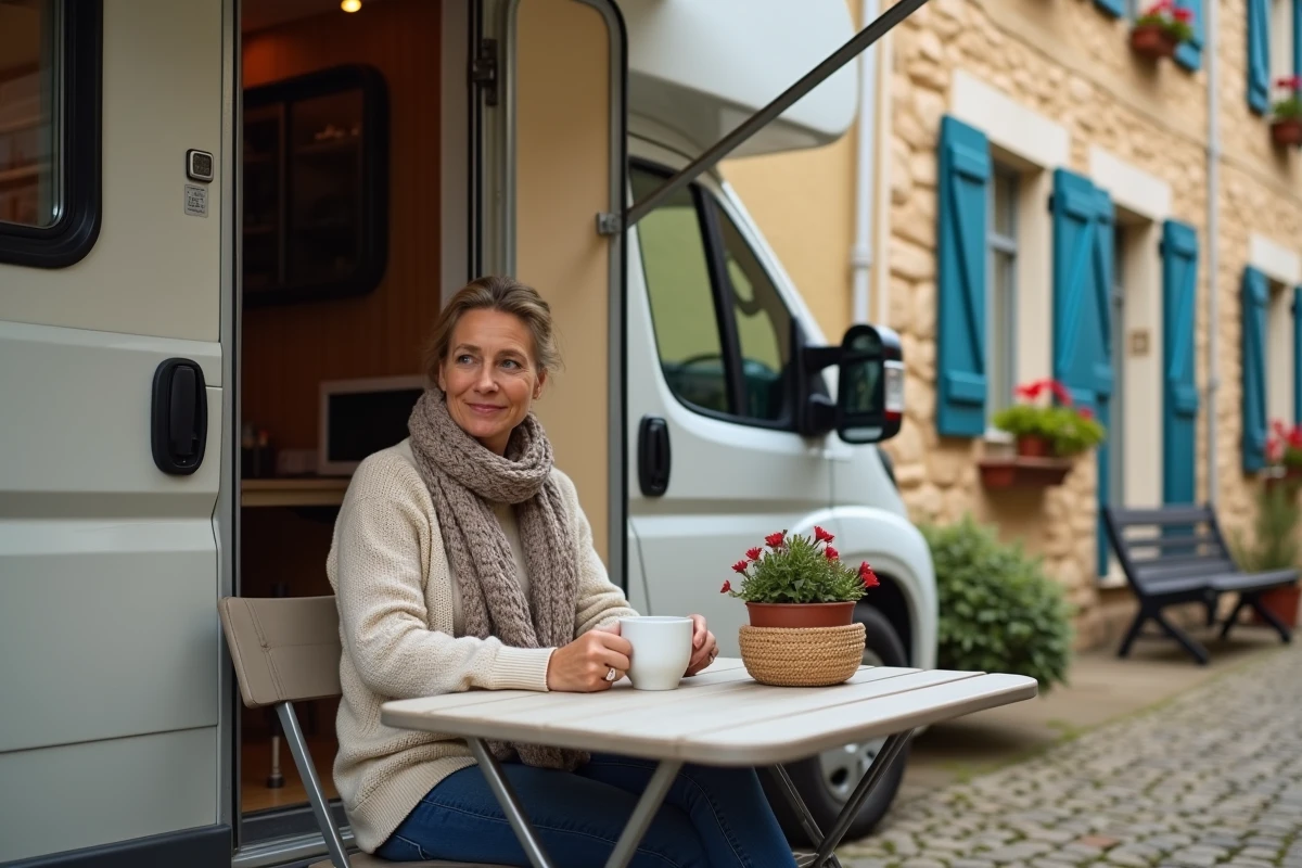 Femme profitant d'un café devant son camping-car garé dans une rue de Saint-Valery-sur-Somme en Picardie