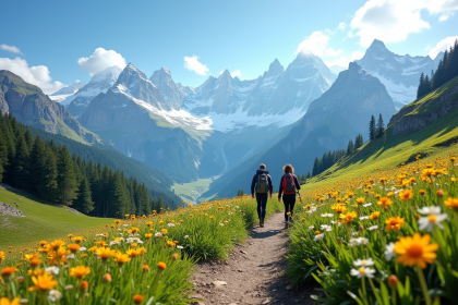 Paysage estival en La Lauziere avec randonneurs et montagnes enneigees