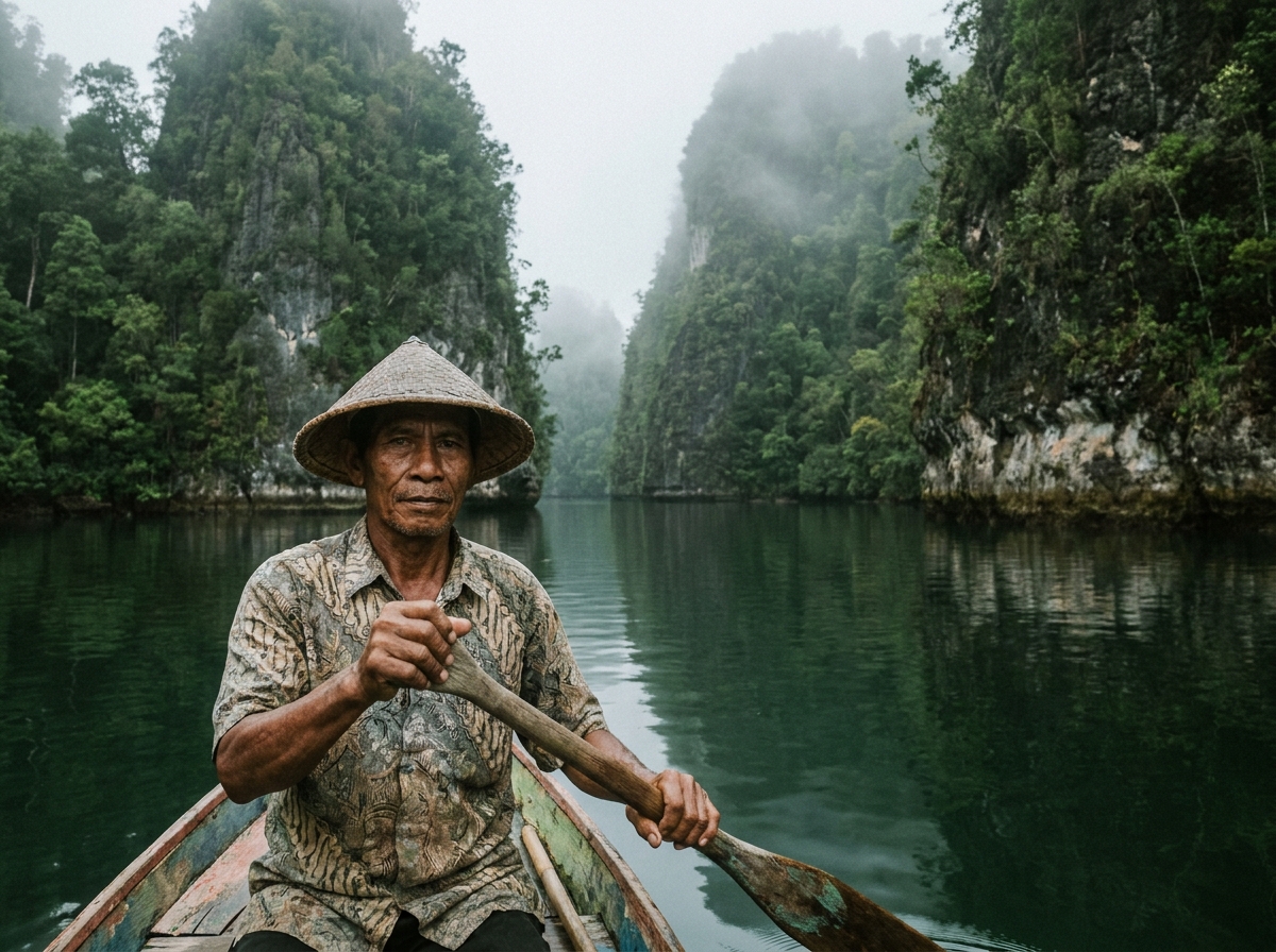Pêcheur local en pirogue traditionnelle naviguant entre les formations karstiques spectaculaires de Raja Ampat dans la brume matinale