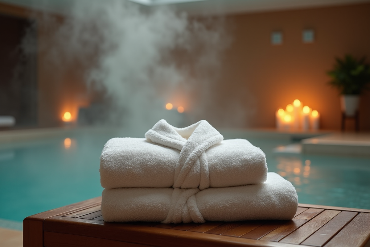 Peignoirs spa pliés près de la piscine avec bougies et vapeur