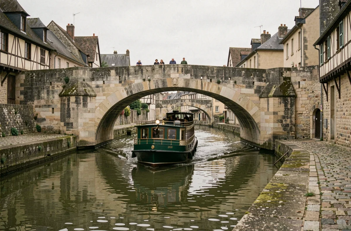 Péniche de croisière passant sous un vieux pont en pierre dans une ville médiévale française