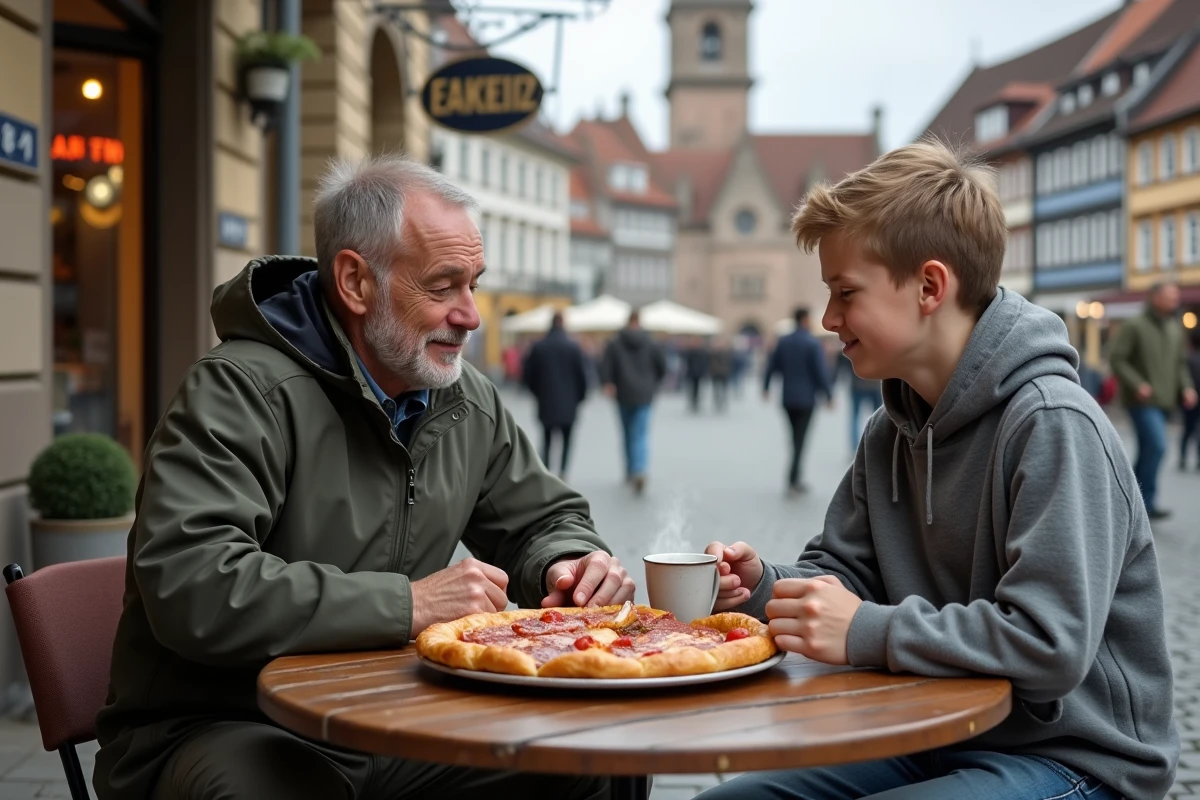 Père et fils partageant un repas traditionnel en terrasse sur la place du marché de Heidelberg avec l'église du Saint-Esprit en arrière-plan