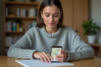 Femme personnalisant un itinéraire favori sur une application de navigation Mappy depuis son bureau à domicile