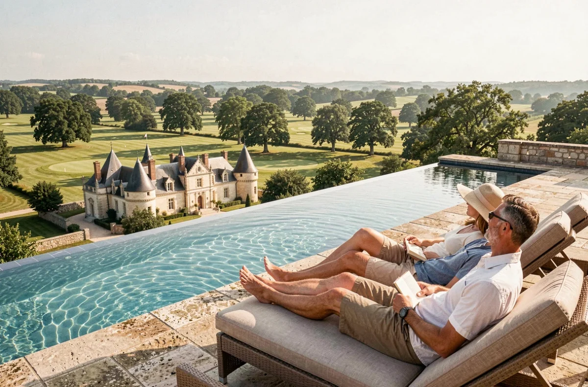 Piscine à débordement du Château des Vigiers avec vue sur le château du XVIe siècle et le golf du Périgord