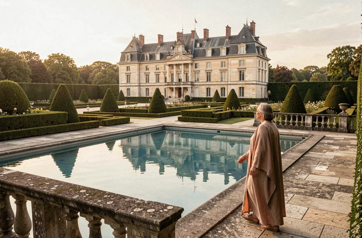 Piscine extérieure du Château de Mirambeau entourée de jardins à la française et de la façade du château du XIXe siècle