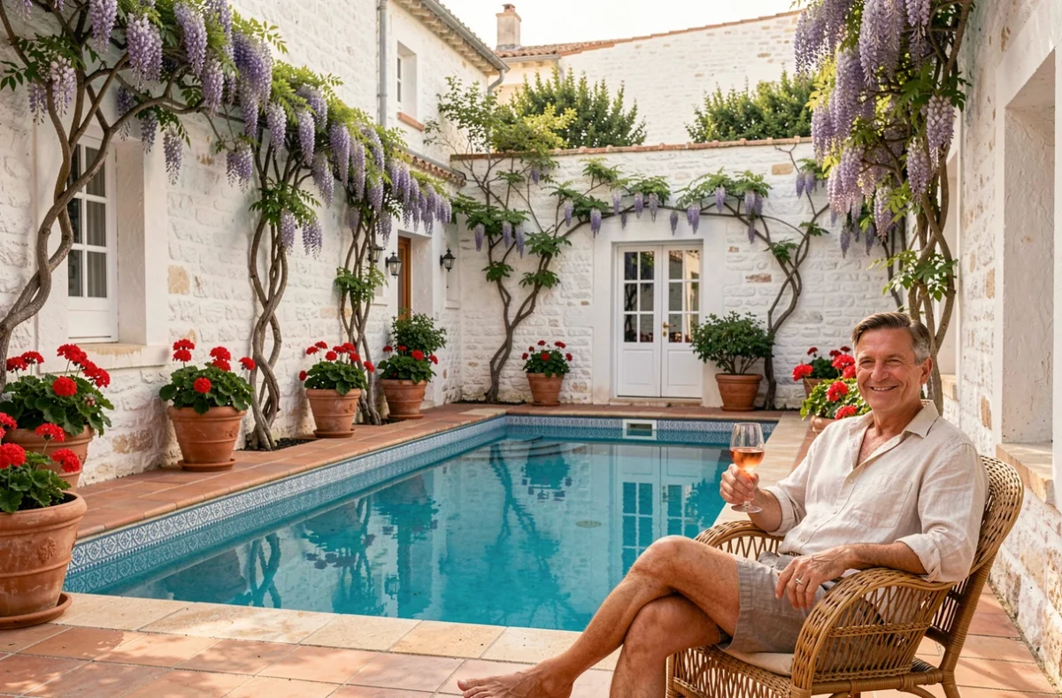 Piscine de cour intérieure de l'Hôtel de Toiras sur l'Île de Ré, entourée de pierre blanche et de glycine en fleurs