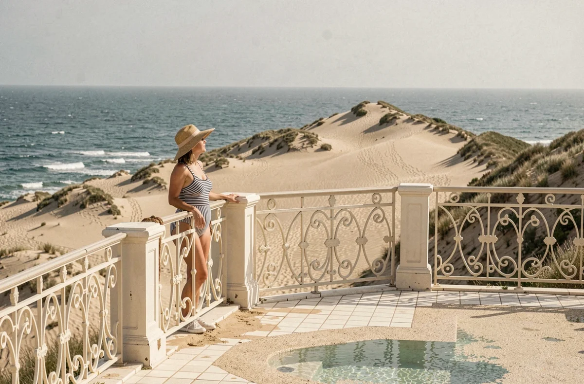 Piscine terrasse de l'Hôtel La Co(o)rniche à Pyla-sur-Mer surplombant la Dune du Pilat et le bassin d'Arcachon