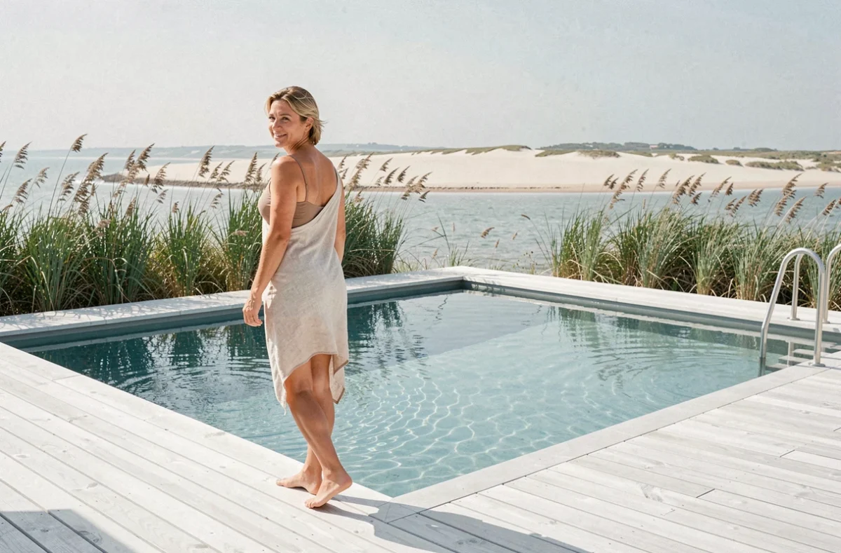 Piscine extérieure de l'Hôtel Les Bains d'Arguin près d'Arcachon avec vue sur le banc d'Arguin et les roseaux du bord de baie