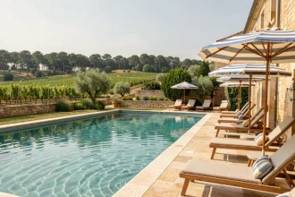 Piscine extérieure d'un hôtel de luxe en Nouvelle-Aquitaine, entourée de verdure et d'architecture en pierre traditionnelle française