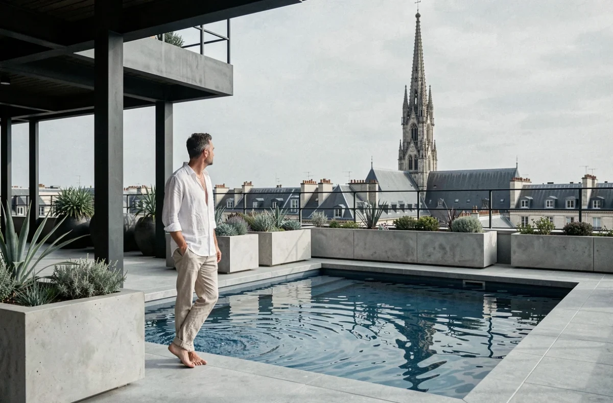Piscine sur le rooftop du Mondrian Bordeaux Les Carmes avec vue sur l'église des Carmes et le centre historique