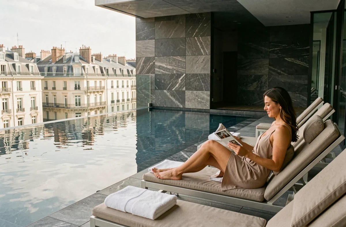 Piscine du Renaissance Bordeaux hôtel avec vue sur les toits de la ville, design contemporain élégant