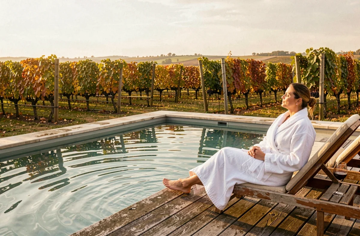 Piscine extérieure des Sources de Caudalie entourée des vignes du domaine Pessac-Léognan en Gironde