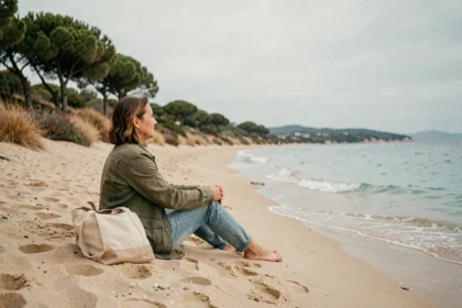 Femme seule assise sur la plage déserte de Porquerolles en automne, contemplant la mer turquoise en hors saison