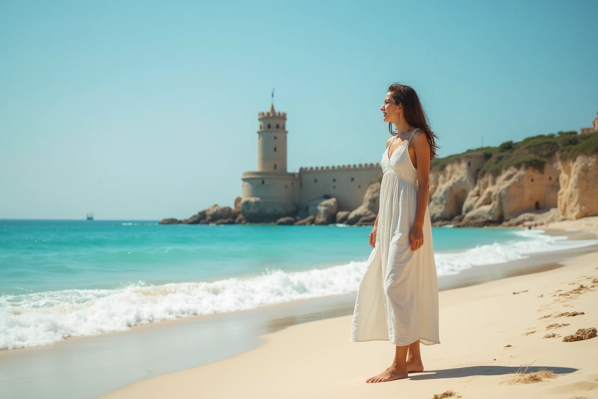 Jeune femme en robe linen sur la plage de Fautea