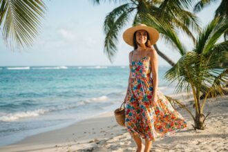 Femme en robe fleurie sur une plage de sable blanc en Martinique avec eau turquoise et palmiers