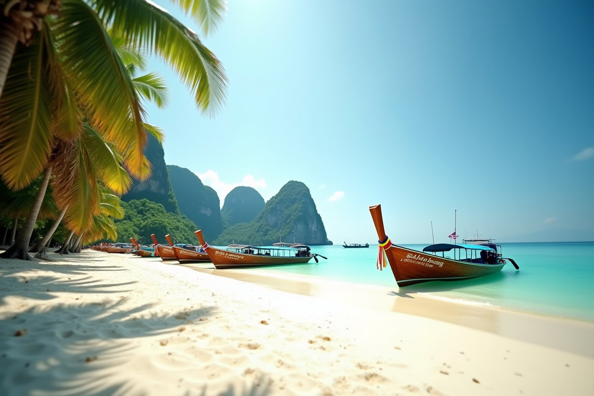 Plage thaïlandaise avec bateaux longsail et palmiers au matin