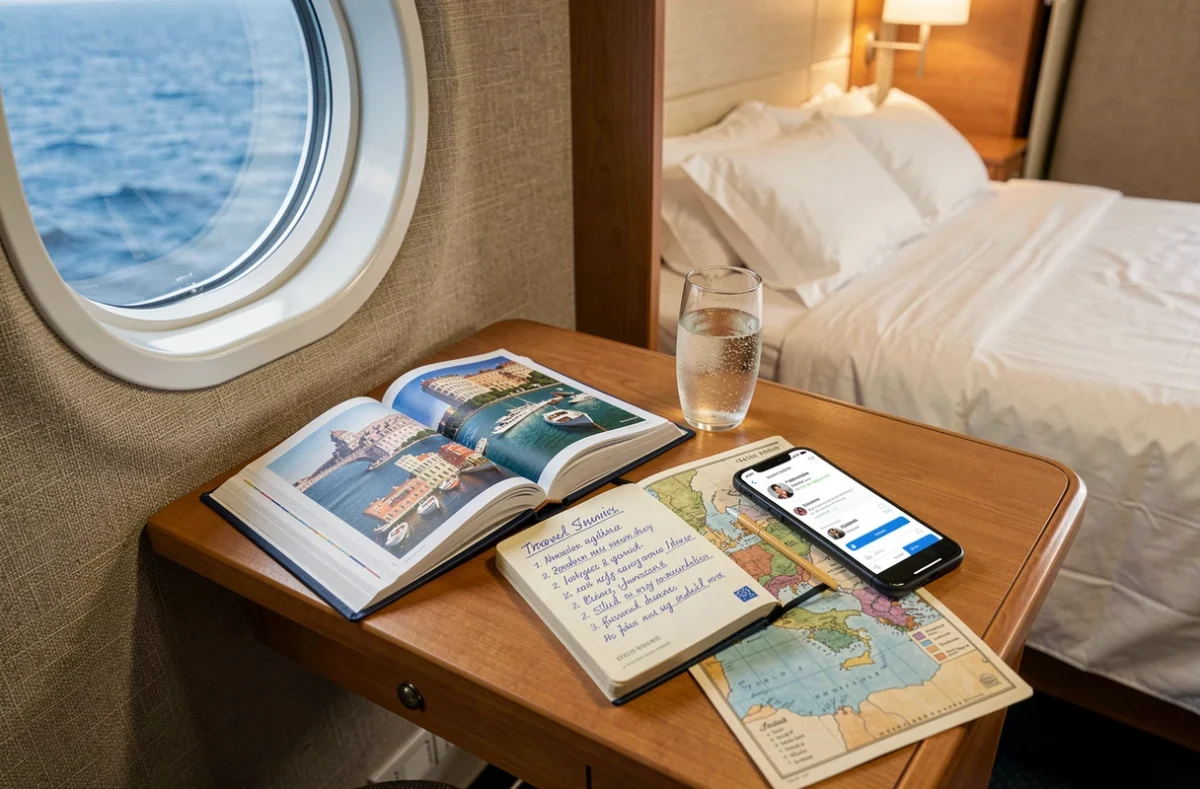 Planification d'itinéraire de croisière en Italie avec guide de voyage, carte et carnet dans une cabine de bateau avec hublot vue mer