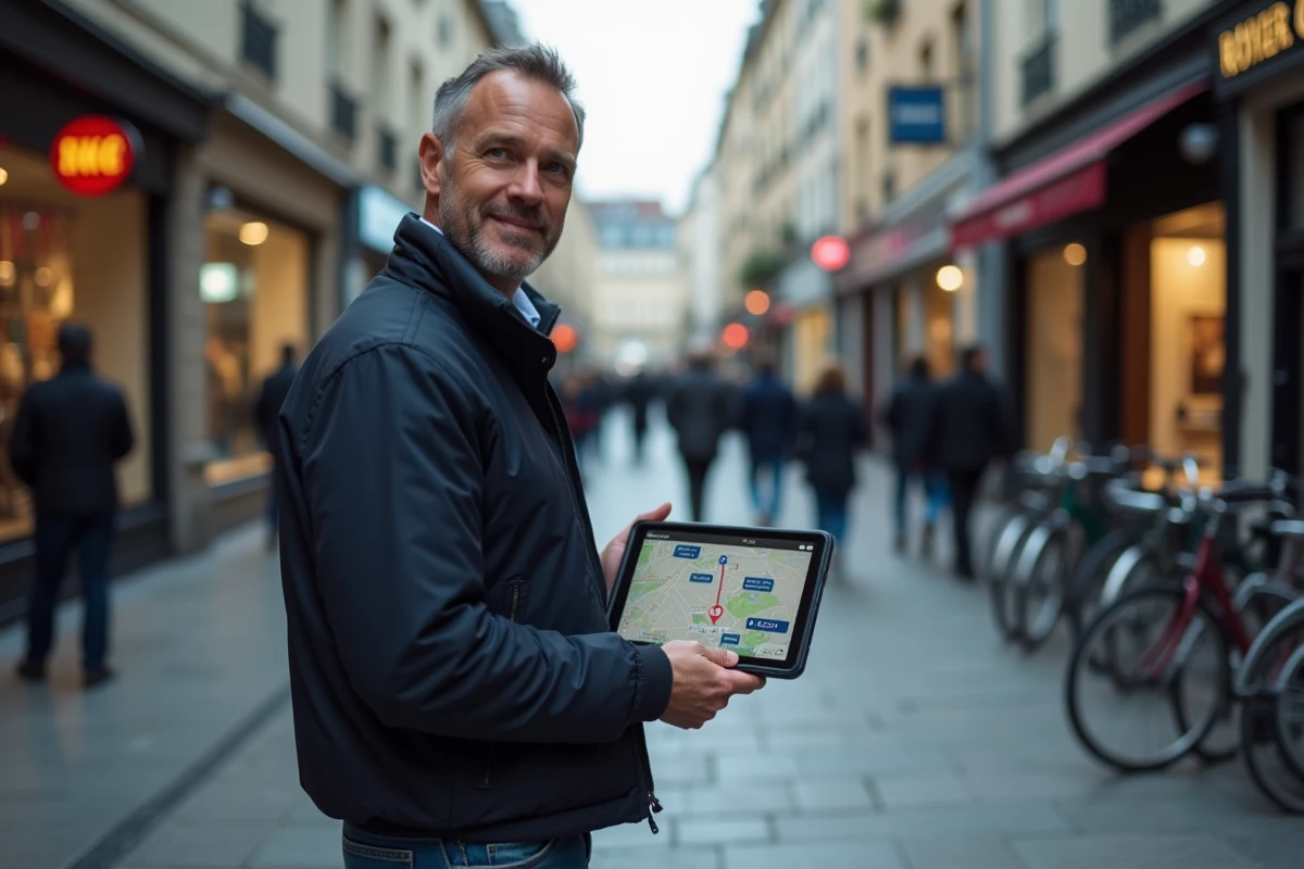 Homme consultant une application Mappy pour planifier un itinéraire personnalisé en milieu urbain sur tablette