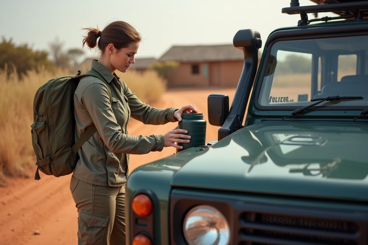Femme européenne organise du matériel près d’un 4x4 dans la nature
