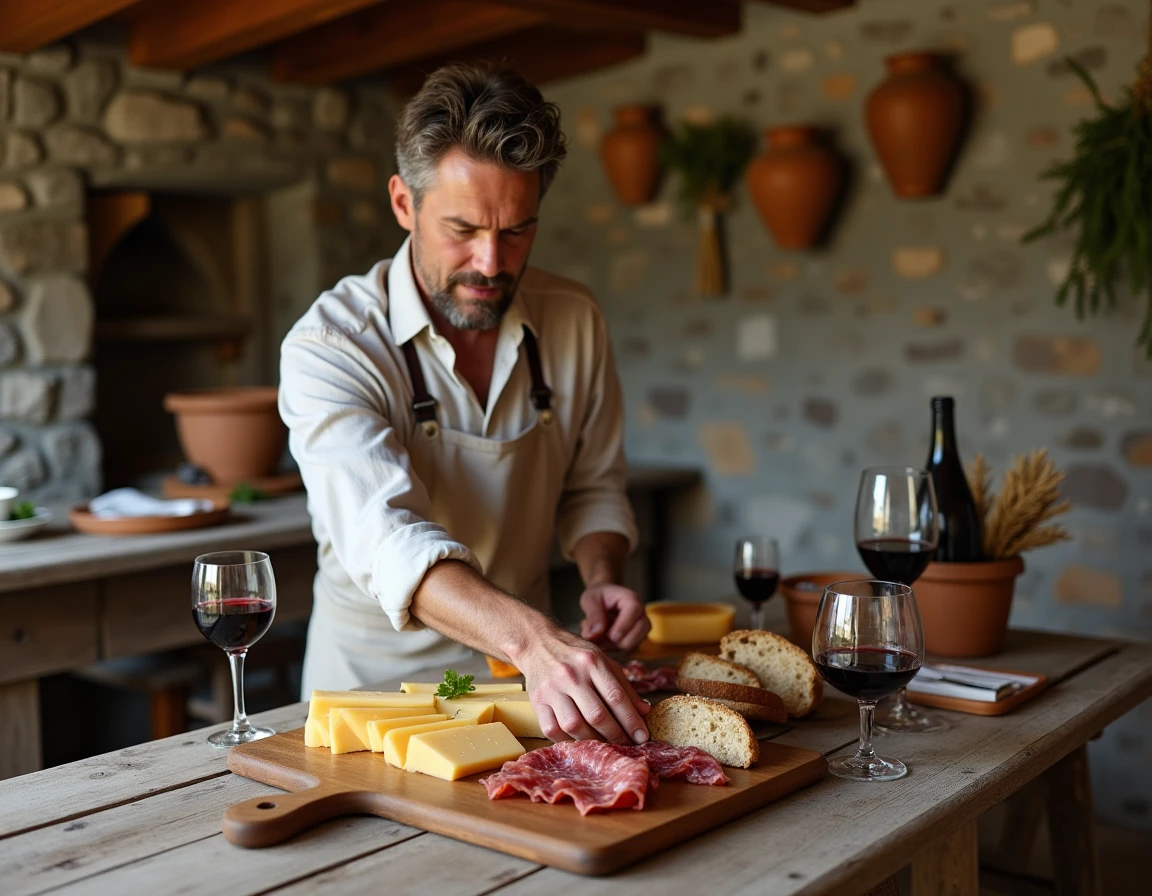 Plateau de Fontina et charcuterie valdôtaine sur une table en bois dans un chalet en pierre traditionnelle de la Vallée d'Aoste
