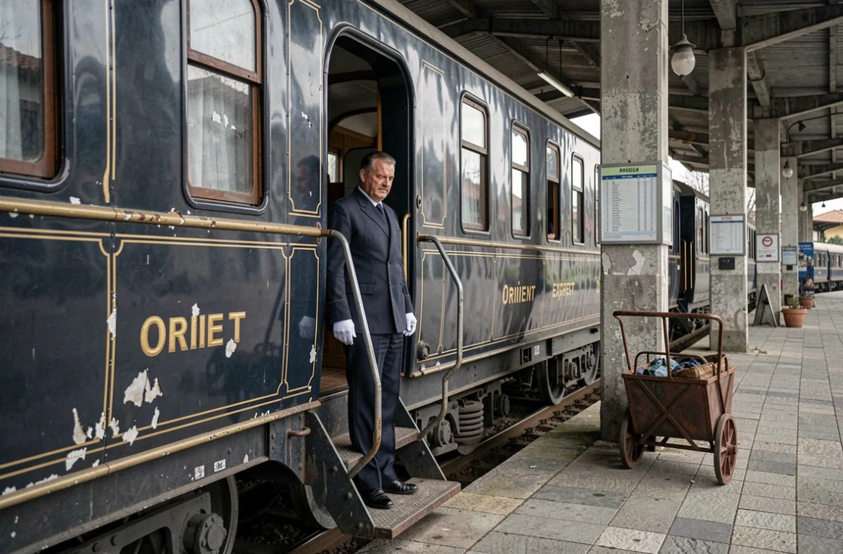 Steward en uniforme sur la plateforme arrière extérieure d'un wagon Orient Express dans une gare provinciale des Balkans aux détails usés et authentiques