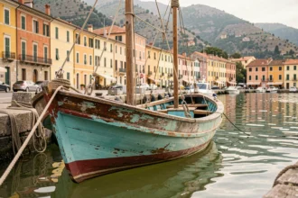 Bateau de pêche amarré au port de La Spezia avec reflets dans l'eau et façades colorées en arrière-plan