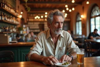 Un homme attablé dans un bar espagnol traditionnel examine son addition devant une bière et des olives, illustrant le prix de l'alcool en Espagne