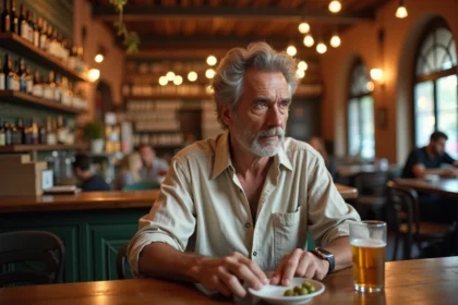 Un homme attablé dans un bar espagnol traditionnel examine son addition devant une bière et des olives, illustrant le prix de l'alcool en Espagne