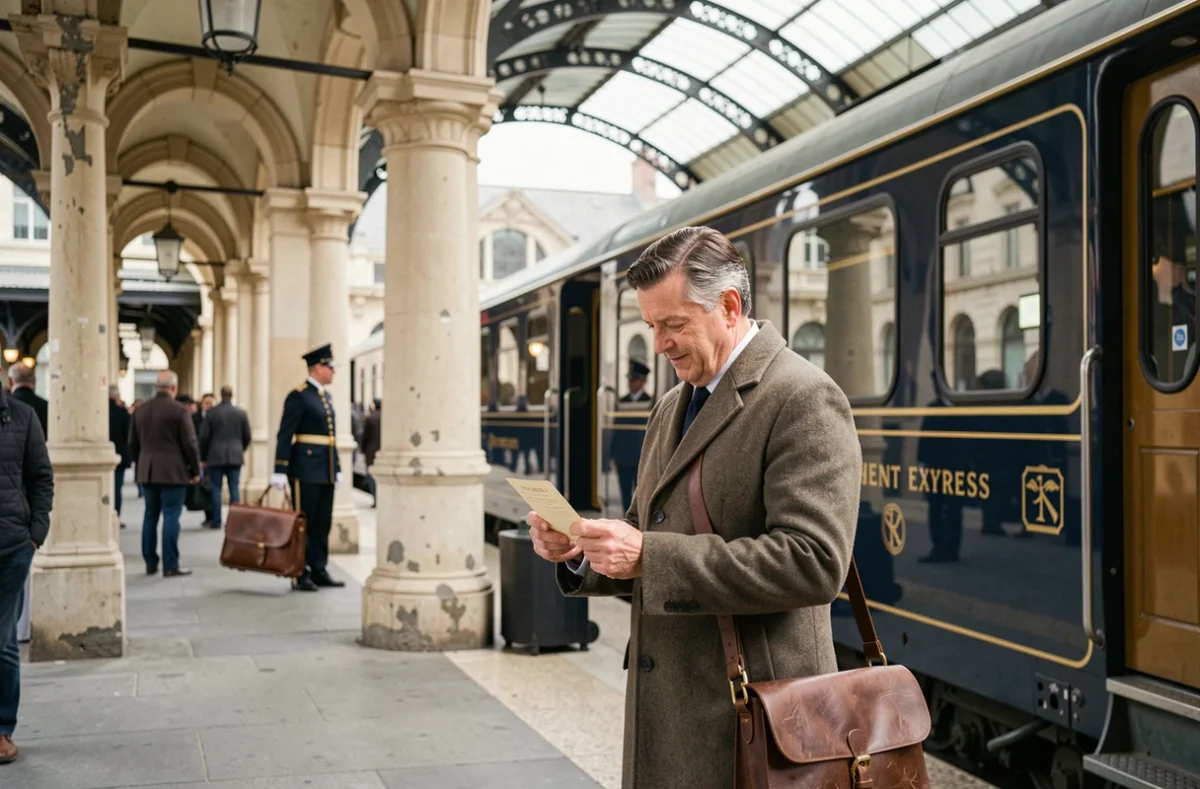 Voyageur élégant sur le quai d'une gare historique européenne devant l'Orient Express prêt au départ
