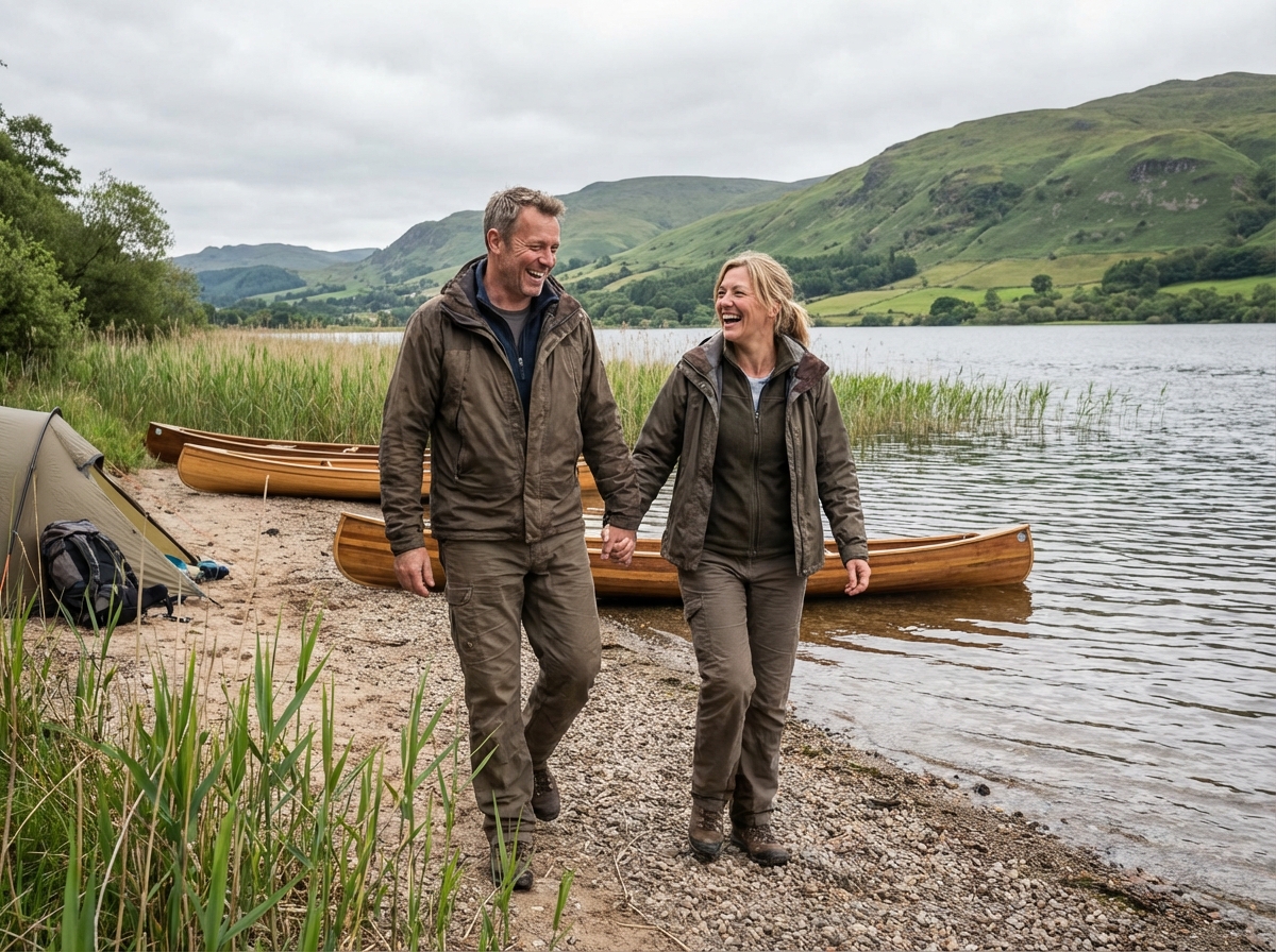 Couple randonnee au bord du lac en pleine nature